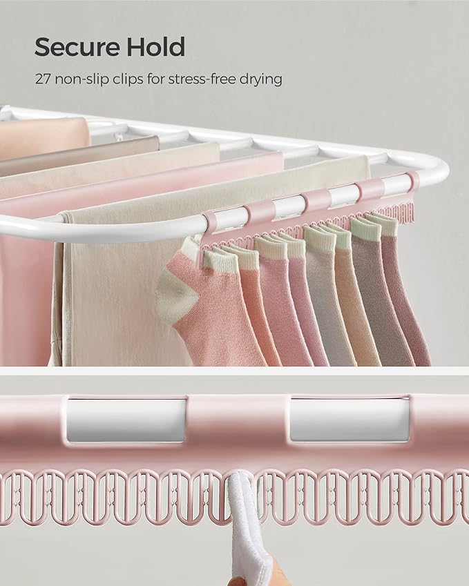 SONGMICS Clothes Drying Rack, with Sock Clips, Metal Laundry Rack, Foldable, Space-Saving, Free-Standing Airer, with 2 Height-Adjustable Gullwings, Indoor Outdoor Use, White and Pink ULLR052P01