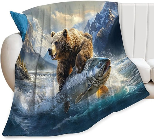 Tijuboni Bear Fish Throw Blanket Cabin Bear Gifts for Women Men Girls Boys Kids Adults Soft Flannel Fleece Blanket for Couch Sofa Bed Home Decor 60"x80"