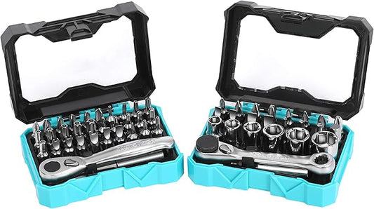 DURATECH 56-Piece 1/4" Mini Ratchet Wrench and Screwdriver Bit Set, 2-in-1, 72-Tooth and 60-Tooth with Bit Socket Set, Storage Cases Included