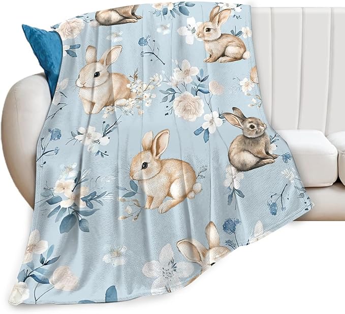Rabbit Blanket Blue Rabbits Flower Throw Blanket Soft Warm Cozy Fuzzy Plush Gifts for Girls Women Lightweight Fleece Flannel Stuff Gift for Kids Adults 80"X60"