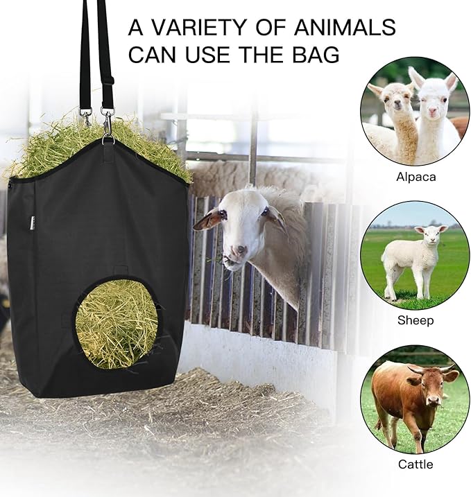 Goat Hay Feeder,Hay Bags for Goats,Horses,Sheep,Premium 600D Oxford Cloth,with Metal Fastener and Adjustable Open Feed Hole for Slow Feeding,Easy to Fill and Hang with Large Opening (Black)
