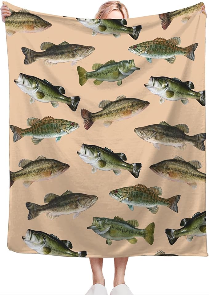 Fish Bass Blanket Decor Gifts for Fishing Lovers, Flannel Fleece Fuzzy Throw Blanket, Soft Warm Cozy Plush Ocean Animal Blankets for Bed Couch Living Room Stuff Decoration for Kids Adult Man 50"x40"