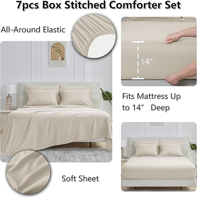 CozyLux King Size Comforter Set Beige - 7 Pieces Bed in a Bag King, Okeo-Tex Certifited Bedding Set, All Season Soft Bed Set with Down Alternative Comforter, Sheets, Pillowcases & Pillow Shams