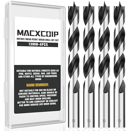 13MM Metric Brad Point Wood Drill Bit Set, 4Pcs Drill Bit Set with Double Flutes Design for Carpenter Woodworking and All Types of Wood
