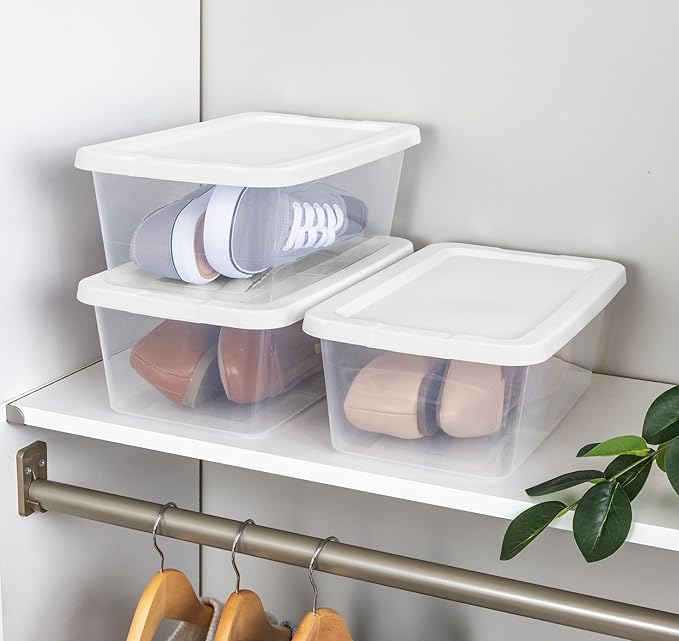 (2 pack) Set of (10) 6 Quart Storage Boxes – Clear Plastic Storage Bin with Snap, Shoe Boxes,Stackable Bins for Closet, Kitchen Storage, Office Organization,White