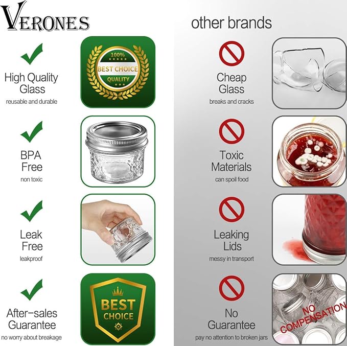 VERONES Mini Mason Jars, Mason Jars 4 oz With Regular Lids, Ideal for Jam, Honey, Wedding Favors, Shower Favors, DIY Spice Jars, 25 PACK, Extra 20 Lids