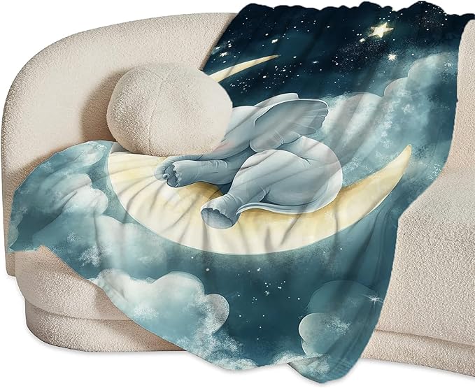 Ultra Soft Cozy Cute Elephant Moon Blanket - Fleece Fuzzy Plush - Lovers Decor Gifts for Women, Girls, Adults - 80"x60"