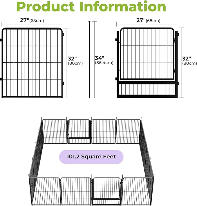 SunsGrove Garden Fence with Gate, 32 in(H) x 35.7 ft(L) 16 Panels Heavy Duty Metal Animal Barrier Fence for Yard, Suitable for Indoor or Outdoor Dog Pet Fence, Garden Fence Border, Black