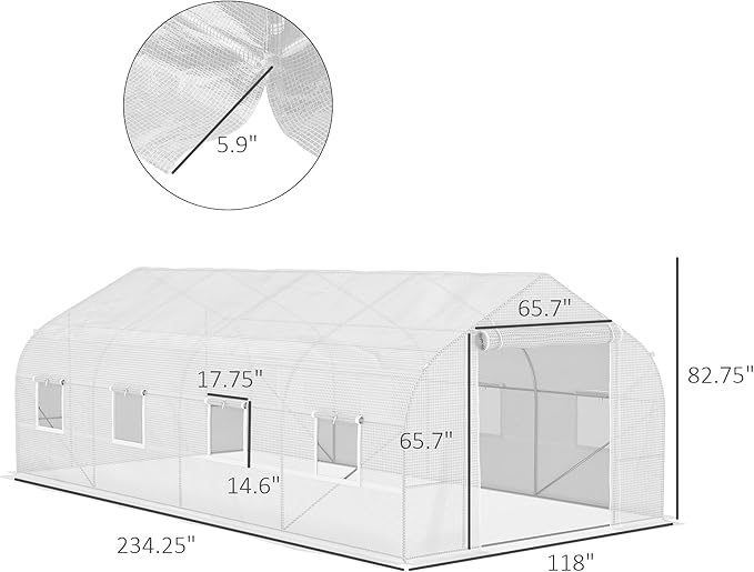 Outsunny 20' x 10' x 7' Walk-in Greenhouse, Tunnel Green House with Galvanized Steel Frame, Hoop House Kit with Zippered Door and 6 Windows, White