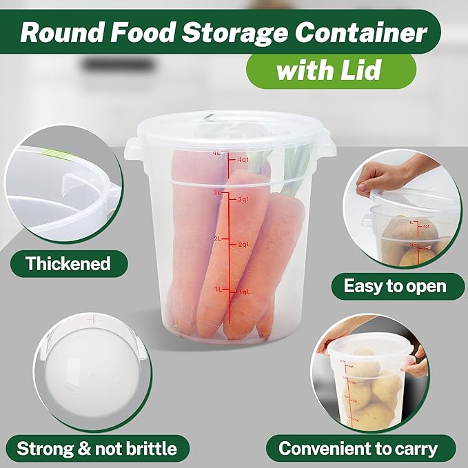Round Food Storage Container with Lid, 4 Qt Translucent, Commercial 4 Pack of – NSF Listed, BPA-Free, Polypropylene, Non-Stick, Scale, with Labels & Measuring Cups