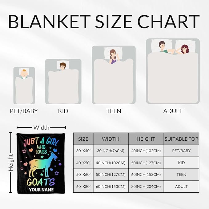 Custom Goat Blanket for Girls - 60x80 Inches Twin Size with Name - Soft Fuzzy Plush Throws Gift - Black Funny Throw Blanket for Bed, Couch, Living Room