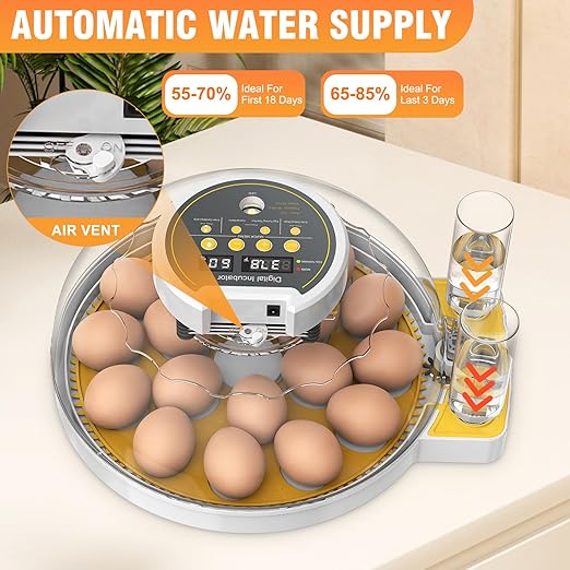 18 Egg Incubator with Humidity Display, Automatic Temperature Control and Egg Turner, Auto Water Replenishment for Hatching Chickens Quail Duck Goose (Yellow)