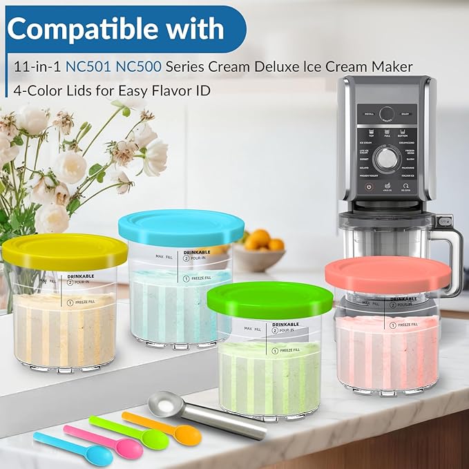 4 Pack Ninja Creami Containers with 4 Spoons, 1 metal spoon and 4 Lids, 24 oz Ninja Creami Deluxe Pints Compatible with NC500 NC501 Series Ice Cream Makers, BPA-Free And Dishwasher Safe
