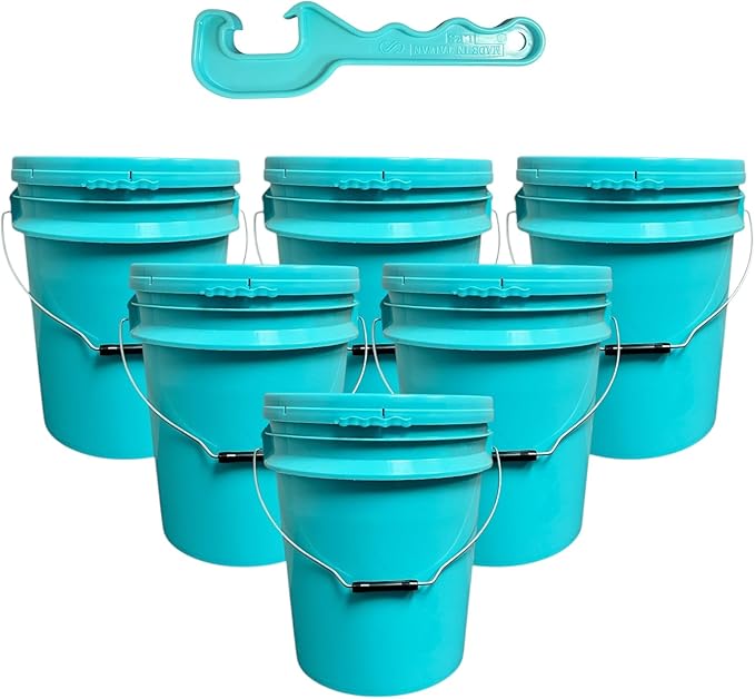 5 Gallon Plastic Bucket Pail with Lid (Pack of 6) – Includes Free Bucket Opener - Food Grade, BPA Free, Heavy Duty –– for Storage, Emergency, Paint, Brining, and More (Blue)