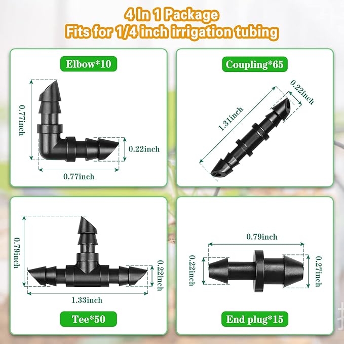 1/4 Inch Drip Irrigation Fittings Kit：140 Pieces Drip Irrigation Parts with Sharp End for 1/4" Irrigation Tubing Barbed Connectors for Home Garden 60 Couplings 50 Tees 20 Elbows 10 Goof Plugs