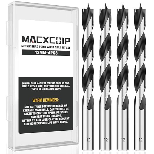 12MM Metric Brad Point Wood Drill Bit Set, 4Pcs Drill Bit Set with Double Flutes Design for Carpenter Woodworking and All Types of Wood
