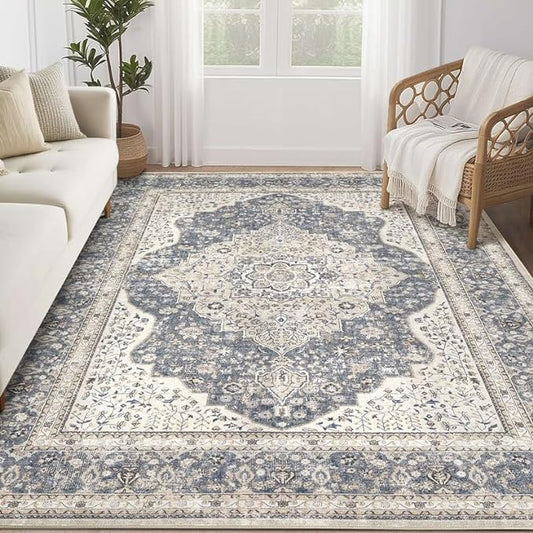 Washable Rug 6x9 Area Rugs for Living Room Bedroom Dining Room Home Office Floor Decor -Stain & Fade Resistant Non Slip Backing Carpet,Ultra-Thin Vintage Large Carpets (Blue/Beige,6'x9')