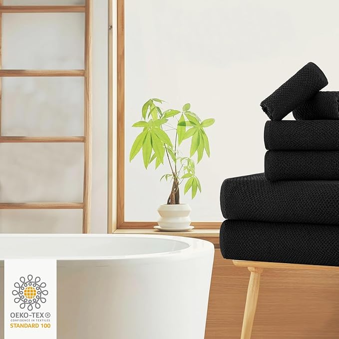 CASA COPENHAGEN Popcorn Textured 6 Piece Towel Set- Black, 550 GSM 2 Bath Towel 2 Hand Towel 2 Washcloth, Rough & Tough Use Cotton Towels Gift Set for Bathroom
