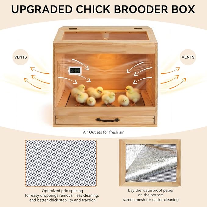 Brooder Box for Chicks with Heat Lamp Kit & Thermometer - Wooden Chicken Brooder for 12 Chicks Indoor/Outdoor - Baby Chicken Cage for Ducks, Quails, Hamsters, Lizards