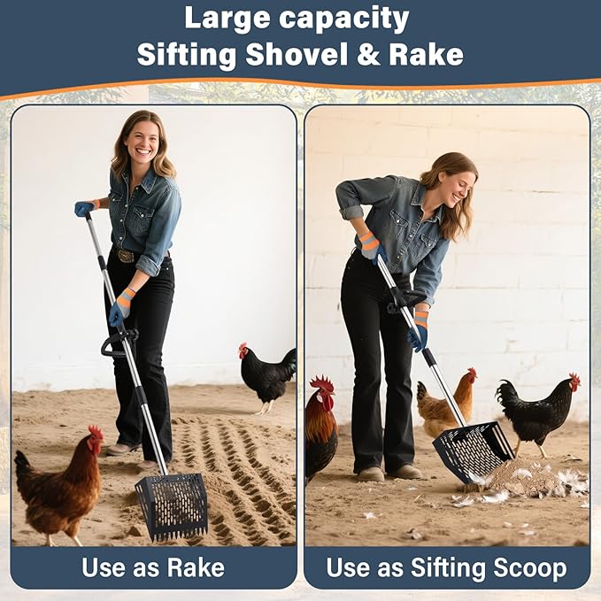 2 in 1 Chicken Poop Scooper & Rake, 10 Inch Sand Sifting Shovel with 35" to 62" Adjustable Stainless Steel Handle, Durable Litter Cleaner with Ergonomic Grip Gloves for Chicken Coop Farm Animal(Black)