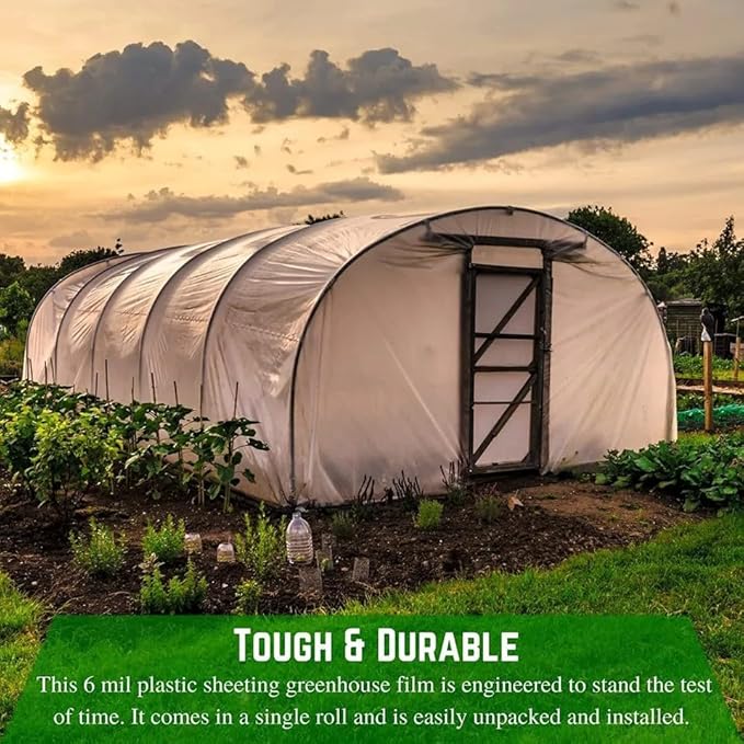 FPS - 4 Year Clear 6 mil Greenhouse Plastic Sheeting - Clear Sheeting, Polyethylene Film, Transparent Plastic Film for Greenhouse (48' x 28')