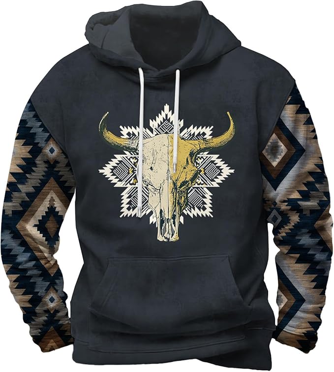Mens Hooded Sweatshirt Vintage American Element Long Sleeve Fall Hoodie Classic Drawstring Front Pocket Pullover