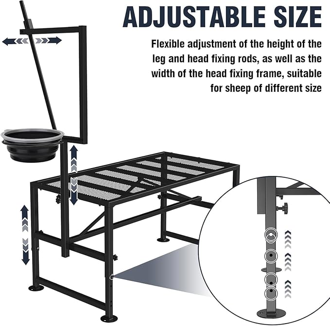 400 LBs Goat Milk Stand for Pygmy and Dwarf Goats, Goat Stand with Feed Bin, Goat Milking Stand for Sheep Trimming and Milking, Hoof Trimming Stand Adjustable Size, Iron Black