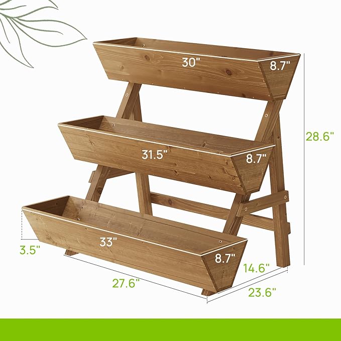 3-Tiers Wooden Raised Garden Bed Tiered Planter Box Vertical Garden Planter Wood Plant Stand for Patio, Balcony, Freestanding. (Brown L)