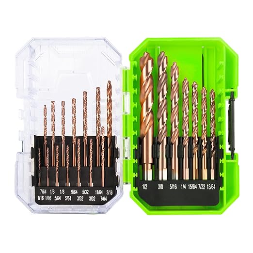 21-Piece Cobalt Drill Bit Set, M35 HSS Titanium Coated Twist Drill Bits with Dash Point and 135 Degree Points, 3 Flat Shanks, for Hard Metal, Stainless Steel, Cast Iron, Plastic