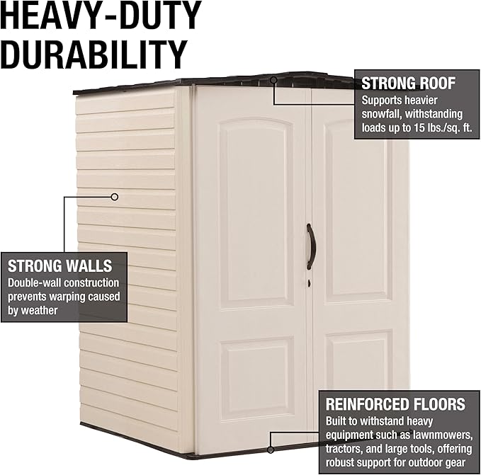Rubbermaid Medium Vertical Resin Outdoor Storage Shed With Floor (4.3 x 4.6 Ft), Weather Resistant, Beige/Brown, Organization for Home/Backyard/Garden Tools/Lawn Mower/Bike Storage/Pool Supplies