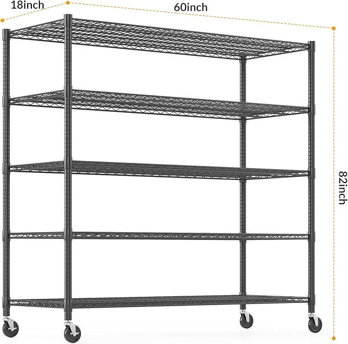 Himimi Storage Shelves with Wheels, 5-Tier Heavy Duty Steel Wire Rack Storage Shelving, Adjustable Metal Storage Shelves for Garage Kitchen Pantry Bathroom Laundry 18" D*60" W*82" H, Black