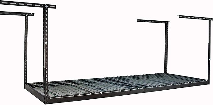 SafeRacks 3x8 Overhead Garage Storage Rack - 500 Pound Weight Capacity Height Adjustable Steel Ceiling-Mounted Rack with Accessories (Hammertone) (12"-21")