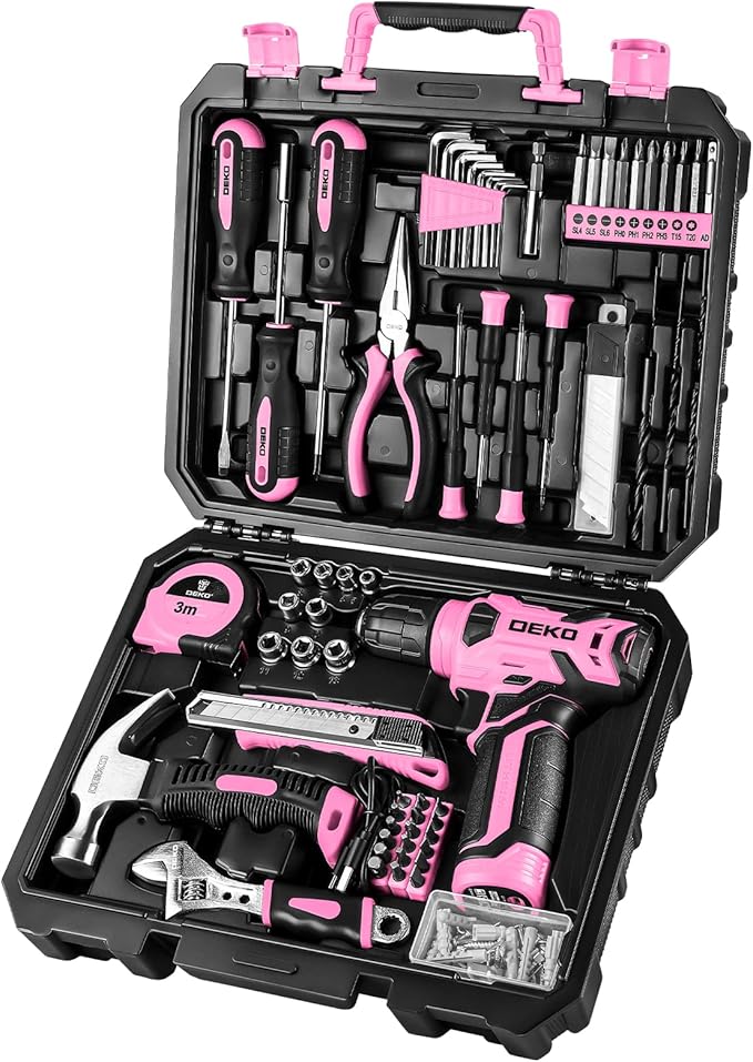 DEKOPRO Drill Set, Home Tool Set with 8V Pink Cordless Drill, Hand Tool Kit for Women, 126 pcs