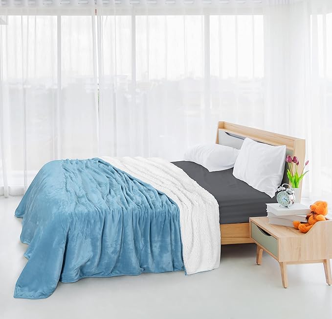 Utopia Bedding Sherpa Blanket King Size (Washed Blue, 90x102 Inches) - Soft Lightweight Plush Fleece Reversible Blanket for Bed, Sofa, Couch, Camping and Travel