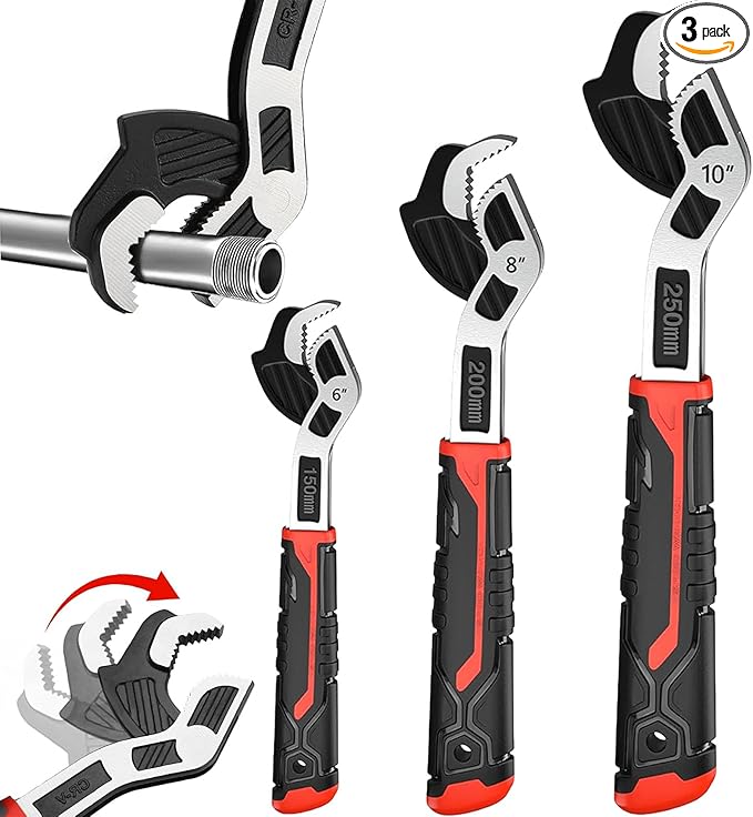6” 8” 10” Multi-function Self-locking Pipe Wrench Set, Chromium Vanadium Steel,Plumbers Wrench with Self Tightening Function for 9/32”-1 3/8” (7-35mm) Pipe Fittings and Nuts (1set)