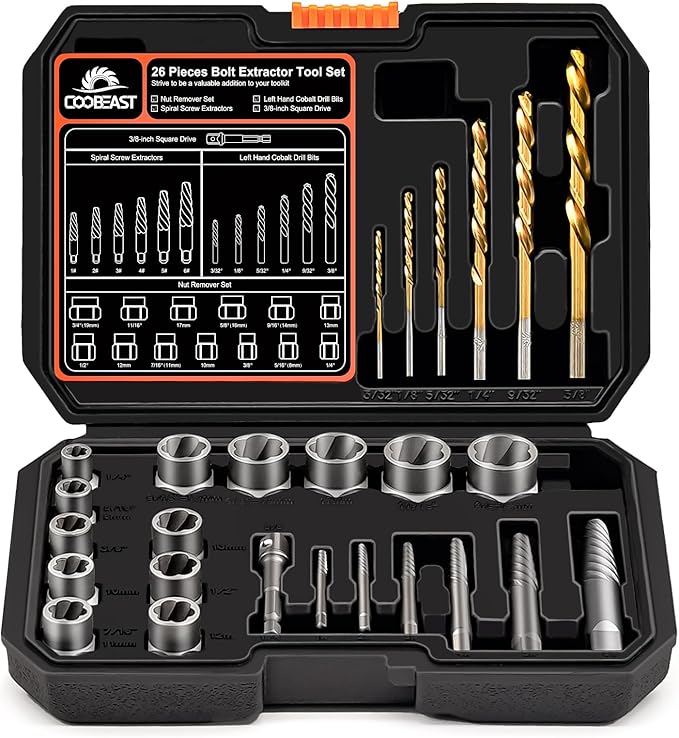 26Pcs Bolt Extractor Kit and Left Handed Drill Bit, Easy Out Screw Extractor with Reverse Drill Bit Extractor Set for Damaged Stripped Broken Lug Nut Bolt and Nut Remove with Hex Adapter