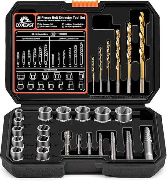 26Pcs Bolt Extractor Kit and Left Handed Drill Bit, Easy Out Screw Extractor with Reverse Drill Bit Extractor Set for Damaged Stripped Broken Lug Nut Bolt and Nut Remove with Hex Adapter