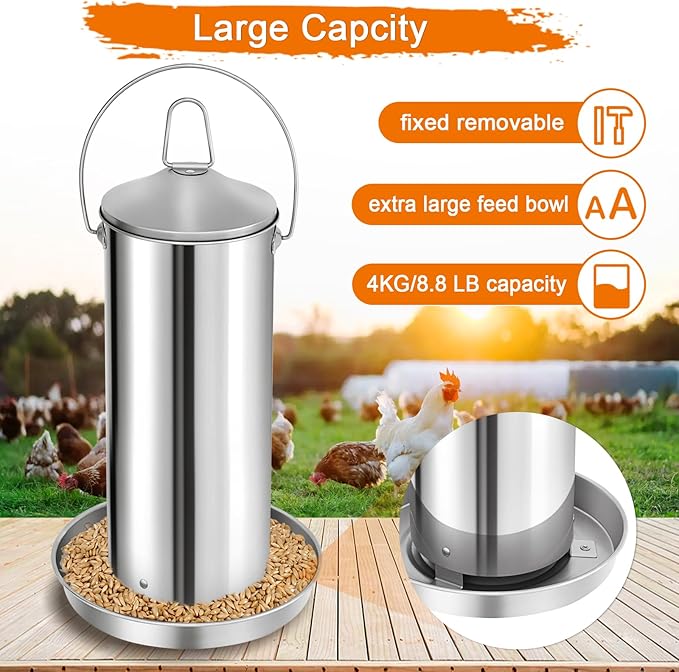 RYFT 8.8 lb Chicken Feeder, Stainless Gravity-Fed No Waste Poultry Feed, Weatherproof Construction with Handle for Chicken Coops, Duck Farms, and Goose Farms
