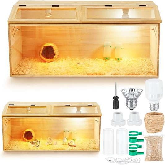 Brooder Box for Chicken Quails Stand Sliding Door, Bulb Set and Feeder, Indoor Chicks Coop Brooder Box Kit, for Ducks, Hamsters, Lizards, Mice, Rat(No Legs,Wooden,32 x 16 x 16 in)