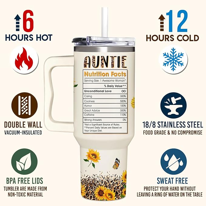 Gifts for Aunt, New Aunt, Auntie Gifts from Niece, Nephew - Christmas, Birthday, Mothers Day Gift for Auntie - 40oz Sunflower Tumbler With Handle & Straw