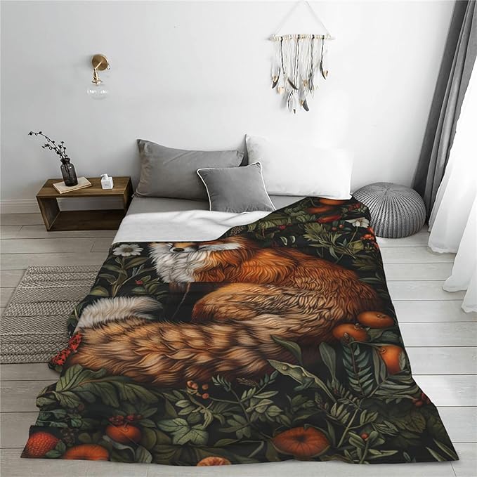 Fox Blanket Vintage Forest Fox Decor Throw Blanket Comfy Plush Flannel Fleece Warm Soft Fluffy Fuzzy Winter Blanket Fox Lover Gifts for Girls Boys Women Teens Adults for Bed Sofa Couch 50"X60"