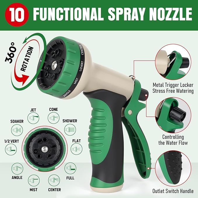 Garden Hose 25 ft with 10 Function Nozzle Sprayer, Heavy Duty Flexible Water Hose, No-Kink Lightweight Hybrid Hose, Leakproof Hose Male to Female Fittings