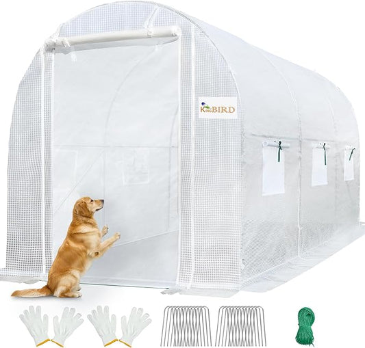 KING BIRD Premium 10x6.6x6.6FT Greenhouse for Outdoors, Large Walk-in Heavy Duty Galvanized Steel Frame, Mesh Door Screen Window Upgraded Zipper Tunnel Hoop for Garden Plant Winter, White