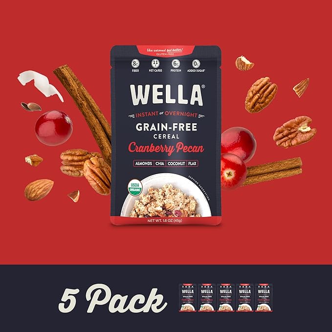 Wella Cereal Oatmeal Alternative, Gluten-Free Breakfast Hot Cereal, Grain-Free Paleo Organic Vegan High Protein Superfood, Plant-Based Non-GMO, Low in Net Carbs, Single-Serve Packets, Cranberry Pecan Flavor (5 Count, 1.6 oz. Packets)