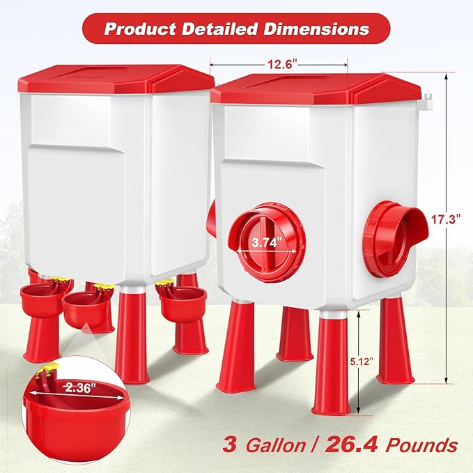 Chicken Feeder and Waterer with Set 3 Gallon/26.4 Pounds, Automatic Chick Feeder and Waterer Set No Waste, Poultry Feeder Large for Hens/Ducks/Poultry(Red