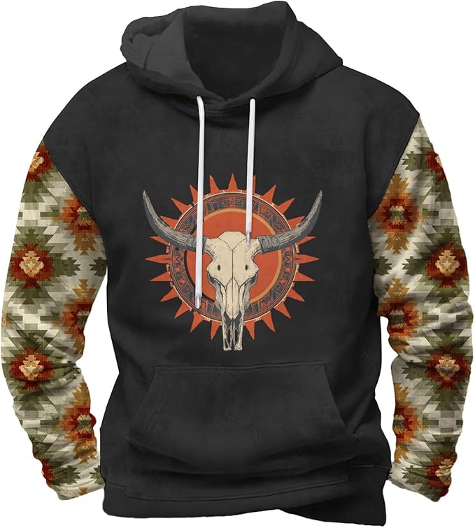 Mens Hooded Sweatshirt Vintage American Element Long Sleeve Fall Hoodie Classic Drawstring Front Pocket Pullover