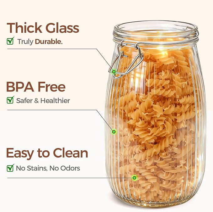 ComSaf Airtight Glass jar with lid 51oz Set of 3, Glass Storage Containers with Lids, Large Glass Canister, Striped Clip Fastening Jar for for Canning, Flour, Pasta,Coffee Beans, Cereal, Rice, Pickle