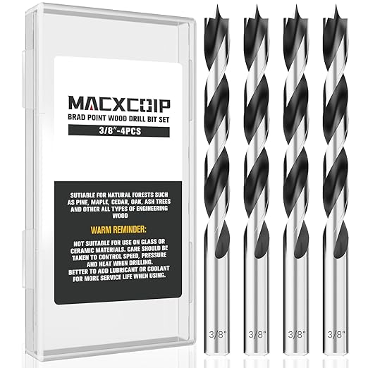 3/8" Brad Point Wood Drill Bit Set, 4Pcs Drill Bit Set with Double Flutes Design for Carpenter Woodworking and All Types of Wood