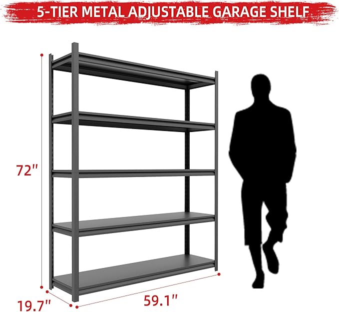 Metal Garage Storage Shelves, 5-Tier Adjustable Garage Shelving, 3000LBS Load Capacity Shelving Units and Storage, Heavy Duty Storage Shelves for Warehouse, Basement, Kitchen