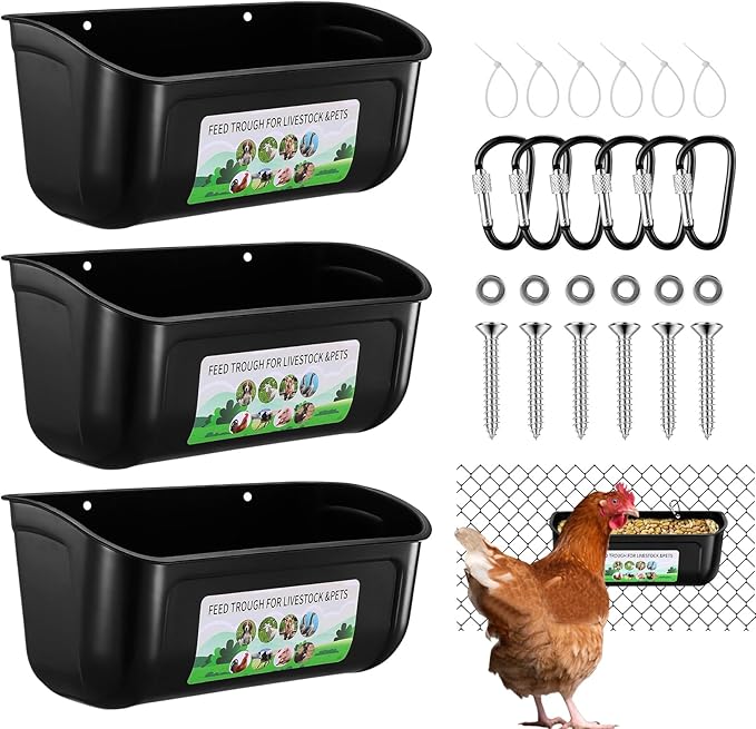 Chicken Feeder Waterer, 3 Pack Duck Feeder Supplies, Hanging Fence Feed Trough with Clips for Goat, Sheeple, Piglet, Gooses, Turkeys, Dog Livestock Poultry, Black